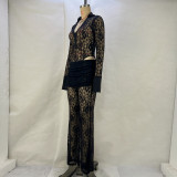 Lace Patchwork Deep V Neck Two Piece Pants Set GPBY-15117