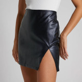 High Waist Zipper Split PU Leather Skirt GPBY-16542