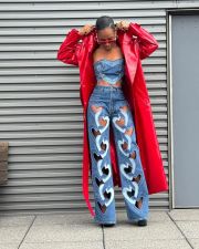 Hollow Out Embroidered Heart Straight Leg Jeans TK-6332