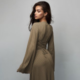 Loose U Neck Tie Up Long Sleeve Long Dress GPBY-14593