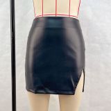 High Waist Zipper Split PU Leather Skirt GPBY-16542