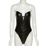 Wrap Backless Strap PU Slim Bodysuit GPBY-14413