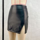 High Waist Zipper Split PU Leather Skirt GPBY-16542