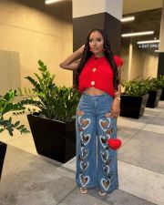 Hollow Out Embroidered Heart Straight Leg Jeans TK-6332