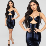 Sexy V Neck Sling PU Leather Mini Dress GPBY-1437