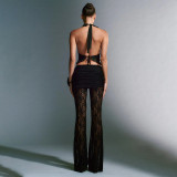 Lace Patchwork Deep V Neck Two Piece Pants Set GPBY-15117