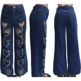 Hollow Out Embroidered Heart Straight Leg Jeans TK-6332