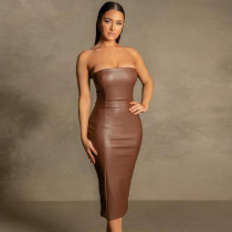 Sexy Wrap Chest PU Leather Split Midi Dress GPBY-1481