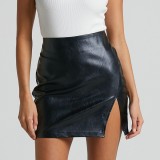 High Waist Zipper Split PU Leather Skirt GPBY-16542
