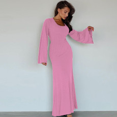 Loose U Neck Tie Up Long Sleeve Long Dress GPBY-14593