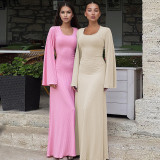 Loose U Neck Tie Up Long Sleeve Long Dress GPBY-14593