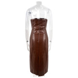 Sexy Wrap Chest PU Leather Split Midi Dress GPBY-1481