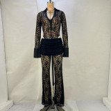 Lace Patchwork Deep V Neck Two Piece Pants Set GPBY-15117