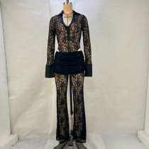 Lace Patchwork Deep V Neck Two Piece Pants Set GPBY-15117