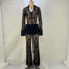 Lace Patchwork Deep V Neck Two Piece Pants Set GPBY-15117