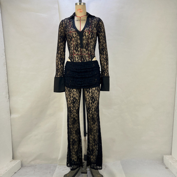 Lace Patchwork Deep V Neck Two Piece Pants Set GPBY-15117