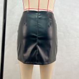 High Waist Zipper Split PU Leather Skirt GPBY-16542