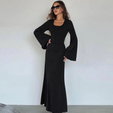 Loose U Neck Tie Up Long Sleeve Long Dress GPBY-14593