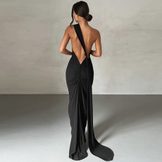 Sexy Backless Pleated Slim Maxi Dress GPBY-15431