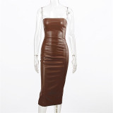 Sexy Wrap Chest PU Leather Split Midi Dress GPBY-1481