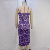 Halter Floral Print Split Midi Dress GPBY-14533