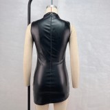 Sleeveless Pleated Irregular PU Leather Mini Dress GPBY-16356