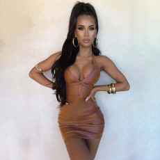 Sexy Hollow Out Halterneck PU Mini Dress GPBY-2063