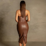 Sexy Wrap Chest PU Leather Split Midi Dress GPBY-1481