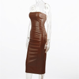 Sexy Wrap Chest PU Leather Split Midi Dress GPBY-1481
