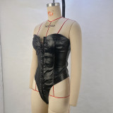 Wrap Backless Strap PU Slim Bodysuit GPBY-14413
