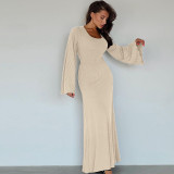Loose U Neck Tie Up Long Sleeve Long Dress GPBY-14593