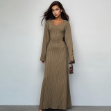 Loose U Neck Tie Up Long Sleeve Long Dress GPBY-14593