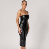 Sexy Wrap Chest PU Leather Split Midi Dress GPBY-1481
