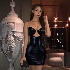 Sexy V Neck Sling PU Leather Mini Dress GPBY-1437