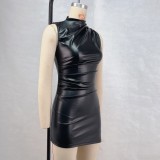 Sleeveless Pleated Irregular PU Leather Mini Dress GPBY-16356