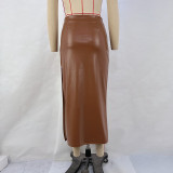 Solid Color High Waist PU Split Long Skirt GPBY-14782