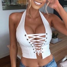 Sexy Halterneck Backless Tie Up PU Tops GPBY-0044