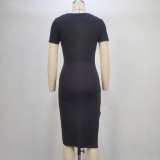 Short Sleeve Solid Color Split Midi Dress GPBY-14438