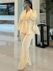 Solid Color Long Sleeve Tie Up Cardigan Pants 2 Piece Set MIL-090