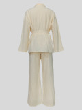 Solid Color Long Sleeve Tie Up Cardigan Pants 2 Piece Set MIL-090