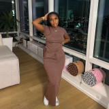 Fashion Hot Drilling Short Sleeve Long Skirt Two Piece Set HMS-5585