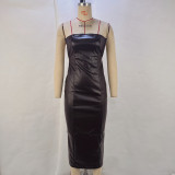 Sexy Sling Backless PU Leather Solit Midi Dress GPBY-14594