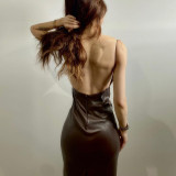Sexy Sling Backless PU Leather Solit Midi Dress GPBY-14594
