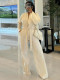 Solid Color Long Sleeve Tie Up Cardigan Pants 2 Piece Set MIL-090
