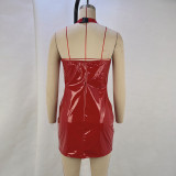 PU Leather Halterneck V Neck MinI Dress GPBY-15112
