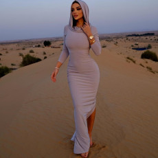 Solid Color Hooded Long Sleeve Maxi Dress GPBY-14491