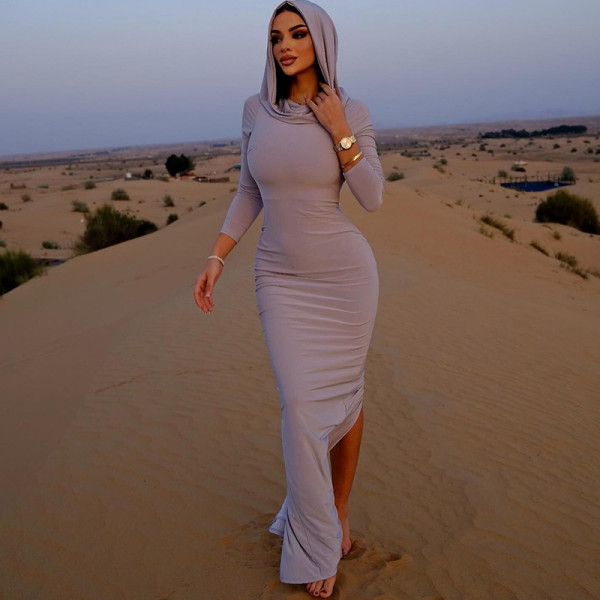 Solid Color Hooded Long Sleeve Maxi Dress GPBY-14491