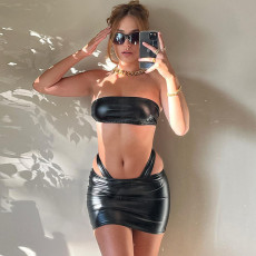 PU Leather Solid Color Sexy Skirts Set GPBY-13518