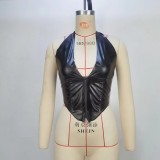 Sexy Halterneck Tie Up PU Tank Tops GPBY-14475