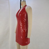 PU Leather Halterneck V Neck MinI Dress GPBY-15112